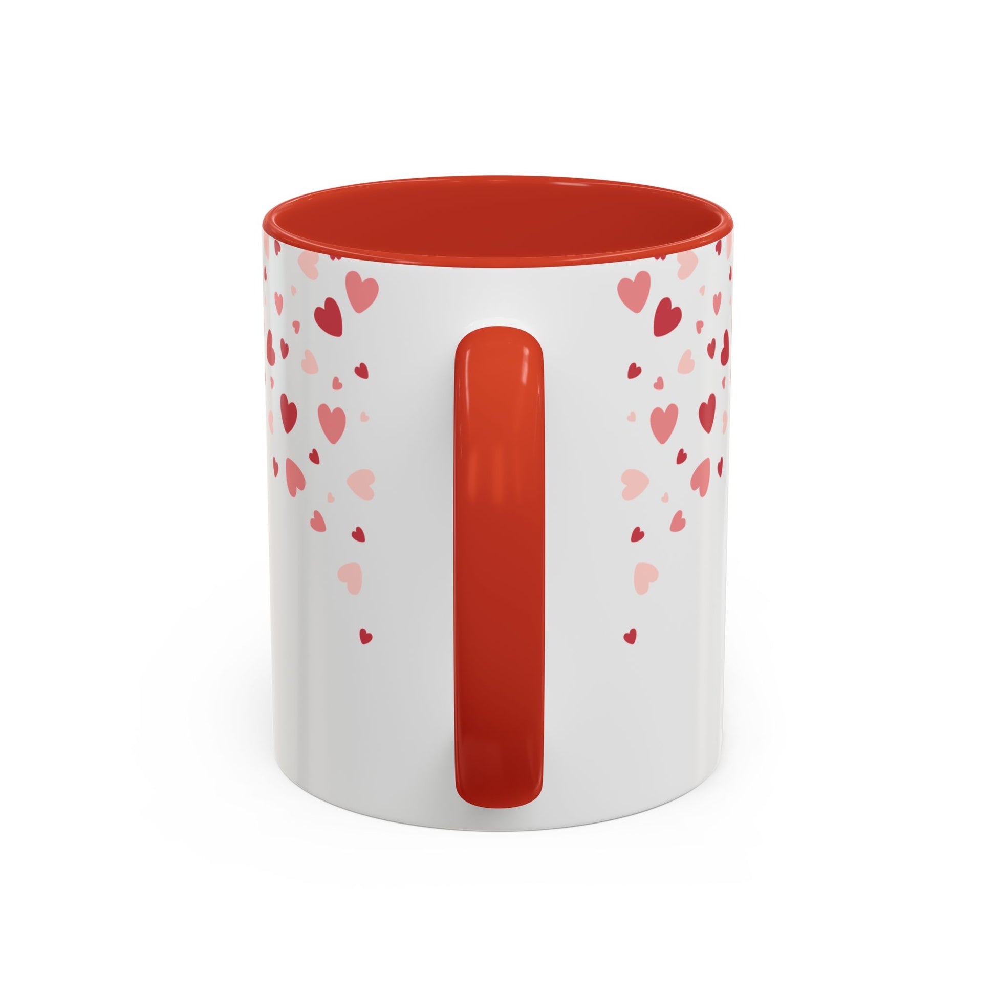 The 111 & COMPANY Valentines Eiffel Tower Coffee Mug, with a white exterior, red interior and handle, features scattered red and pink hearts in varying sizes. This charming 11 oz mug adds a romantic touch to your morning routine.
