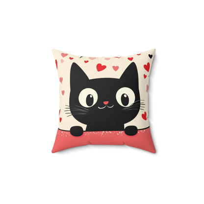 The 111 & COMPANY Valentines Cat Love Square Pillow by 111 & Company showcases an adorable black cat with wide eyes and whiskers against a beige backdrop adorned with scattered red hearts. The red-accented bottom complements the heart theme, making it a perfect cozy gift for any cat lover.
