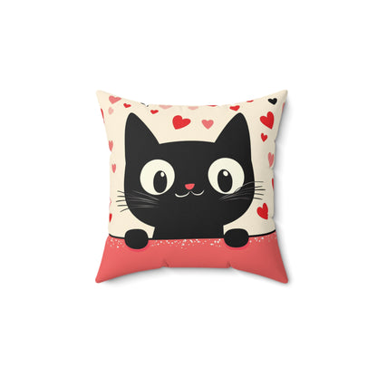 The 111 & COMPANY VALENTINES CAT LOVE SQUARE PILLOW showcases a charming cartoon black cat with wide eyes, a pink nose, and whiskers on a heart-speckled background. Red and white dots add flair to the bottom half, making it an ideal cozy gift for any playful room decor.