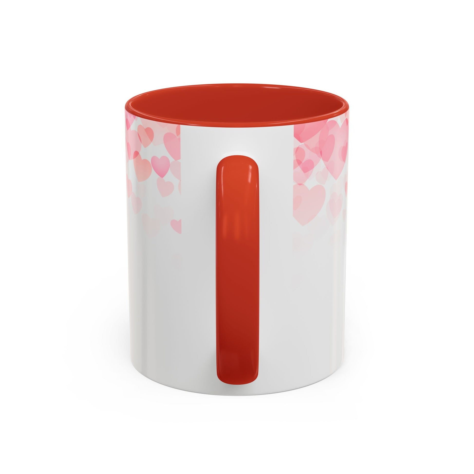 The 111 & COMPANY Valentines Cheese & Macaroni Coffee Mug features a white ceramic exterior with faded pink and red hearts near the top, a vibrant red interior, and handle. Styled against a plain white background with the handle forward, it adds a captivating pop of color.