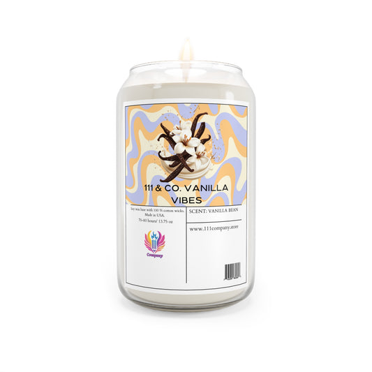 A white glass jar labeled 111 & Company Vanilla Vibes features vanilla and tonka bean images on a colorful wavy background. The candle is 13.75 oz soy wax with a single wick, the 111 & Co logo, and a website URL. Brand: 111 & Company.