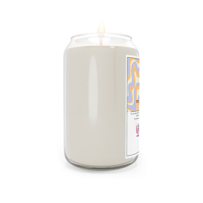 The 111 & COMPANY Vanilla Vibes Candle is a minimalist white soy wax candle in a can-like clear glass, scented with vanilla bean. It features abstract yellow and blue wavy patterns on the label with text and a small circular logo at the bottom.