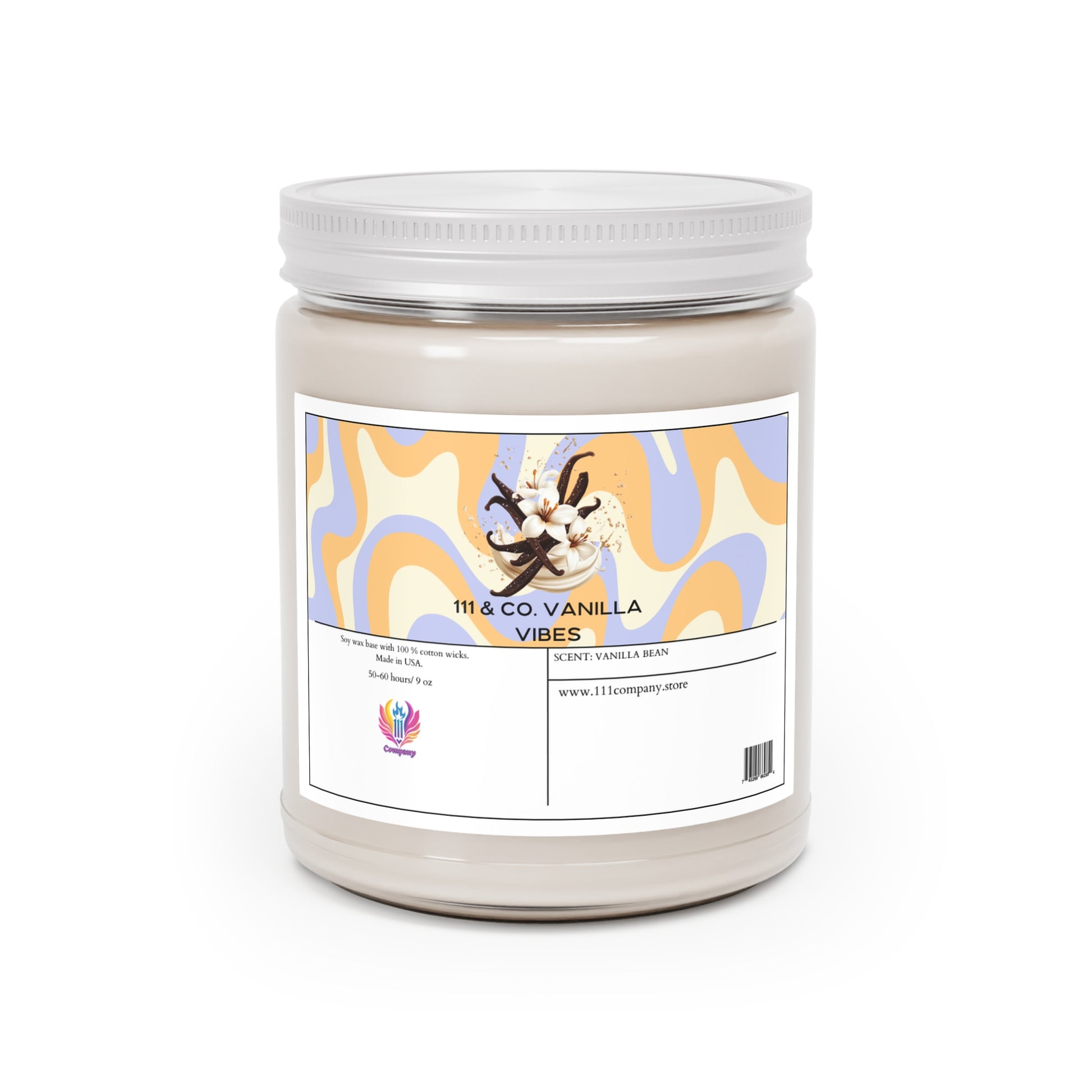 A 9oz soy wax candle in a jar labeled with vanilla beans, flowers, and abstract patterns in pastel blue, orange, and cream. 111 & Co. Vanilla Vibes features Vanilla Bean and includes a website link. A colorful 111 & Company logo is at the bottom left.