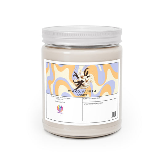 A 9oz soy wax candle in a jar labeled with vanilla beans, flowers, and abstract patterns in pastel blue, orange, and cream. 111 & Co. Vanilla Vibes features Vanilla Bean and includes a website link. A colorful 111 & Company logo is at the bottom left.