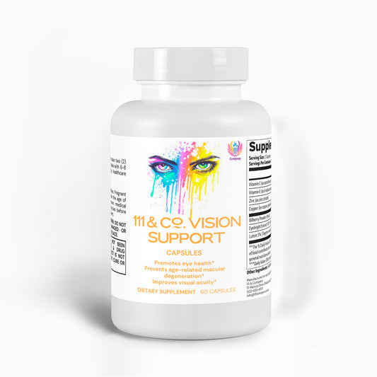 The 111 & Company Vision Support capsules by 111 & Company feature a white bottle with a colorful watercolor-style eye design on the label, emphasizing antioxidant eye health benefits. It contains 60 capsules, and the supplement facts panel is clearly displayed on the side.