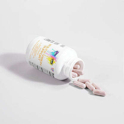 A white bottle labeled 111 & COMPANY VISION SUPPORT CAPSULES from 111 & Company is on its side, spilling pink capsules onto a white surface. The colorful label emphasizes antioxidants for eye health, while the oblong speckled capsules cast shadows below.