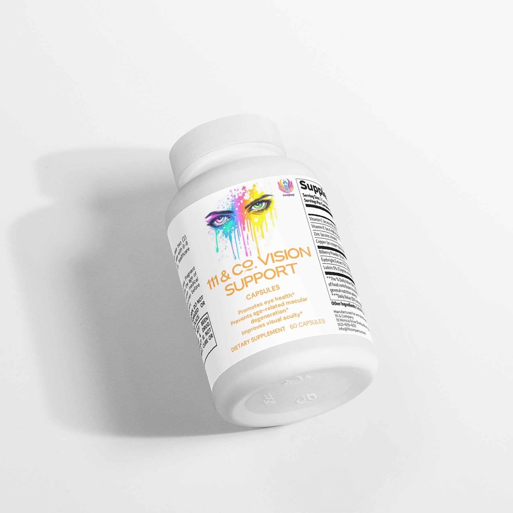 A white bottle of 111 & COMPANY VISION SUPPORT CAPSULES by 111 & Company rests on its side, showcasing vibrant eyes and highlighting antioxidants like lutein and zeaxanthin. The white capped bottle contains 60 capsules, casting shadows on a light surface—an eye health supplement.