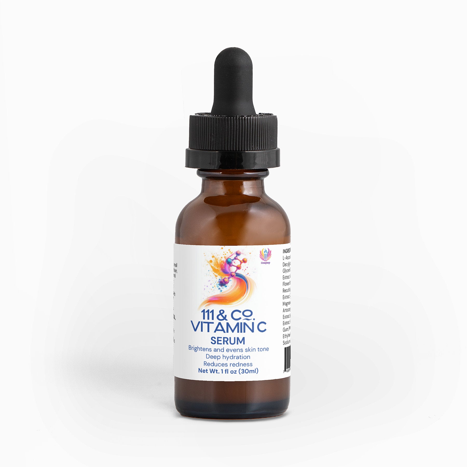 A brown glass bottle with a black dropper cap, labeled 111 & COMPANY VITAMIN C SERUM by 111 & Company, provides antioxidant protection and boosts collagen. The label reads, Brightens and evens skin tone. Deeply radiates, with a 1 fl. oz (30 ml) design featuring a vibrant S-shaped splash of colors.