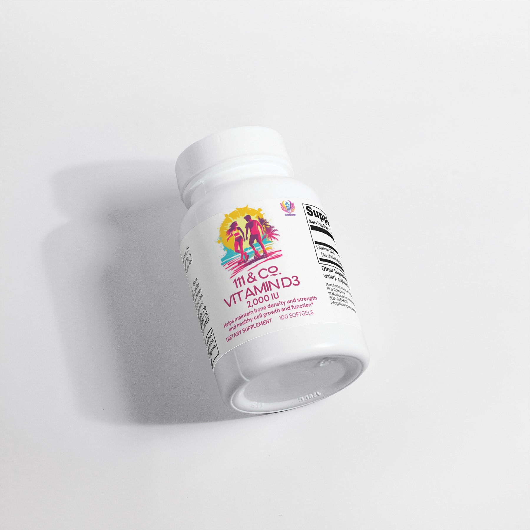 A white bottle of 111 & COMPANY VITAMIN D3 2,000 IU from 111 & Company features graphics of a family under the sun. It sits slightly tilted on a white surface, contains 300 softgels, and promotes immune and bone health while naturally enhancing energy levels.