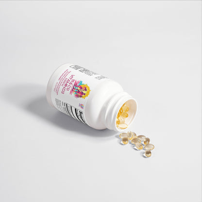 A white bottle of  111 & COMPANY VITAMIN D3 2,000 IU rests on its side against a plain background. The label, partially visible, features colorful graphics highlighting bone health. Transparent oval gel capsules are spilled out, reflecting light softly and boosting energy levels.