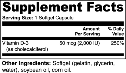 The 111 & COMPANY VITAMIN D3 2,000 IU from 111 & Company provides a serving size of one softgel capsule, delivering Vitamin D-3 (cholecalciferol) with 50 mcg (2,000 IU), supporting 250% of the daily value for bone health. It contains soybean oil and corn oil.