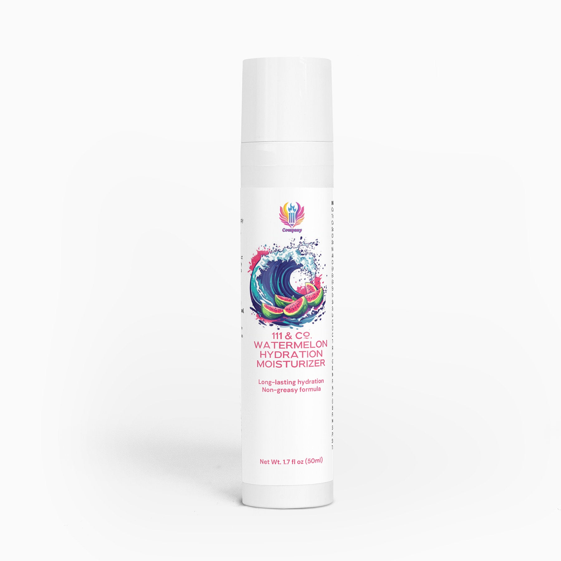 The cylindrical white bottle features a colorful label with a wave and fruit design. It reads 111 & COMPANY WATERMELON HYDRATION MOISTURIZER by 111 & Company, offering long-lasting hydration from its hydrating trio, including Niacinamide, in a non-greasy formula. Capacity: 1.7 fl. oz. (50ml).