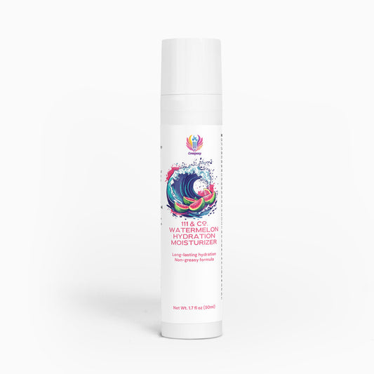 The cylindrical white bottle features a colorful label with a wave and fruit design. It reads 111 & COMPANY WATERMELON HYDRATION MOISTURIZER by 111 & Company, offering long-lasting hydration from its hydrating trio, including Niacinamide, in a non-greasy formula. Capacity: 1.7 fl. oz. (50ml).