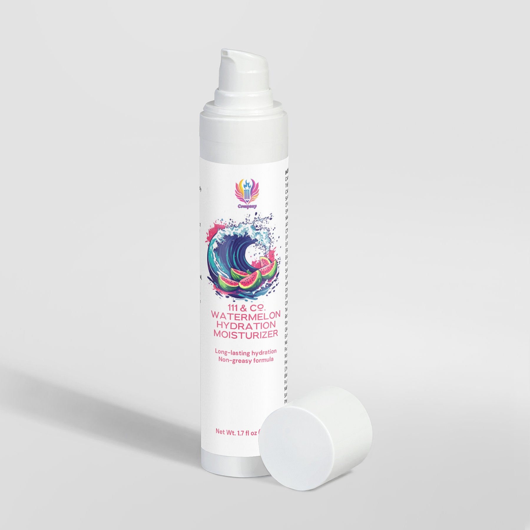 The 111 & COMPANY Watermelon Hydration Moisturizer by 111 & Company features a cylindrical bottle with a white pump and detachable cap. Its labels watermelon splash highlights long-lasting hydration and a non-greasy formula, enhanced by a hydrating trio with Niacinamide.