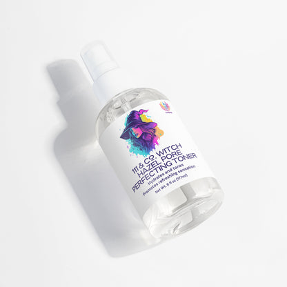 The 4 fl oz (118 ml) clear spray bottle of  111 & COMPANY WITCH HAZEL PORE PERFECTING TONER features a white label with colorful witch artwork. It contains Sodium Hyaluronate, doubles as a primer and setting spray, and casts a soft shadow on the white background.