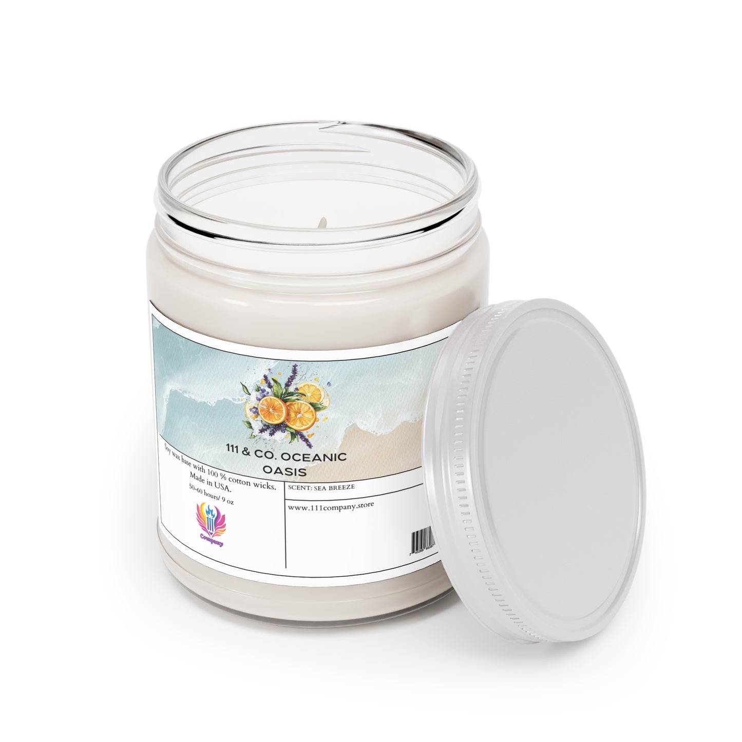 A white, 9oz soy wax candle from Printify sits in a clear glass jar with a silver lid beside it. The label has watercolor tropical fruit and citrus designs and reads 111 & Company Oceanic Oasis. Website and social media icons are included at the bottom.