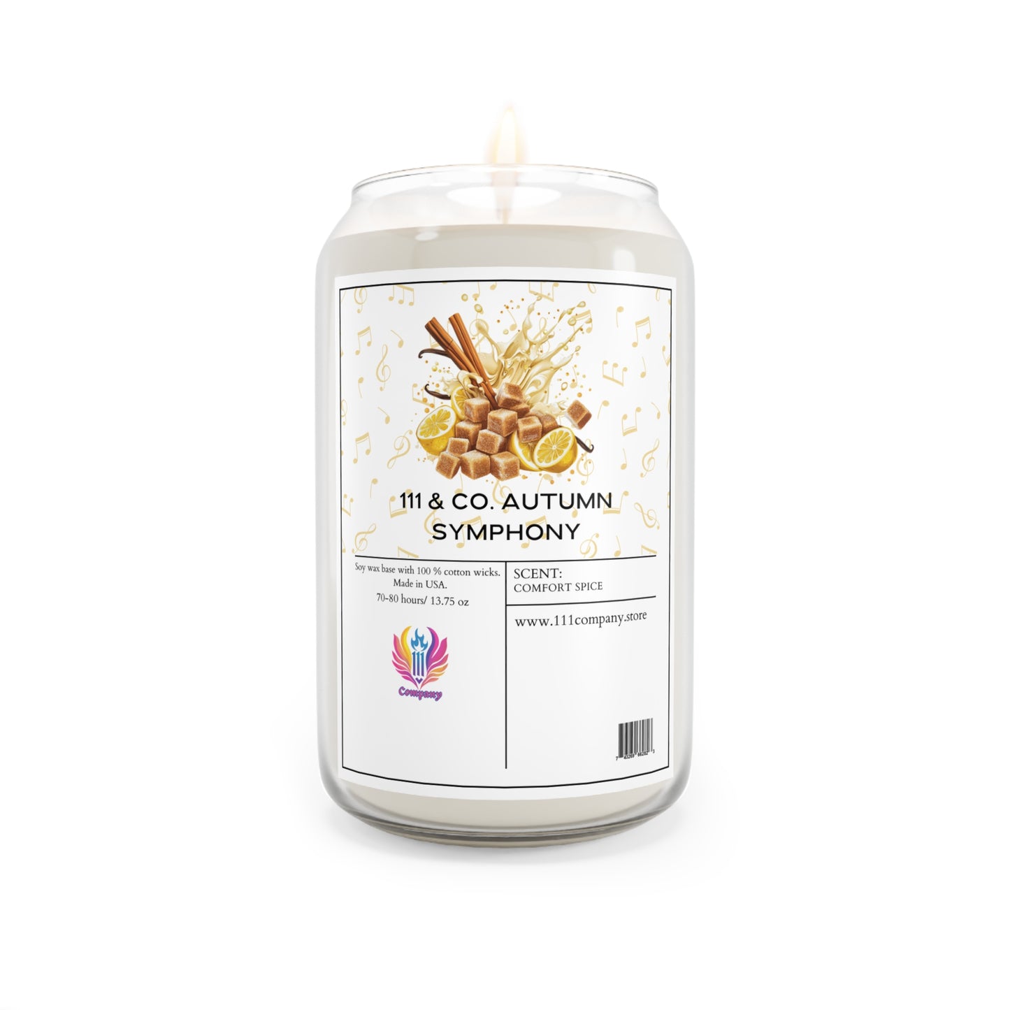 The Printify candle, 111 & Company Autumn Symphony, offers a cozy ambiance with its Comfort Spice scent. The glass jars label features cinnamon, lemon, nutmeg, and musical notes, reflecting the eco-friendly autumn spirit. A logo and website URL are displayed below.