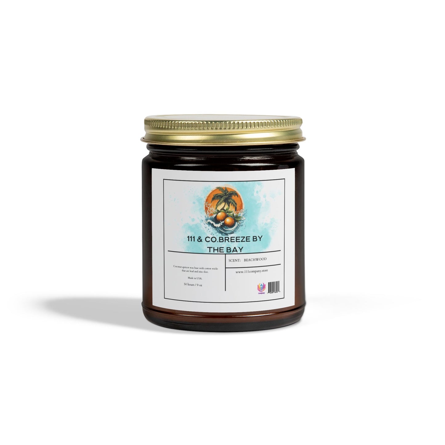 The Printify 111 & Company Breeze by the Bay amber jar candle, crafted with coconut apricot wax and featuring a beachwood scent, includes a white-labeled seashell and palm tree design on a blue watercolor background with a gold lid.