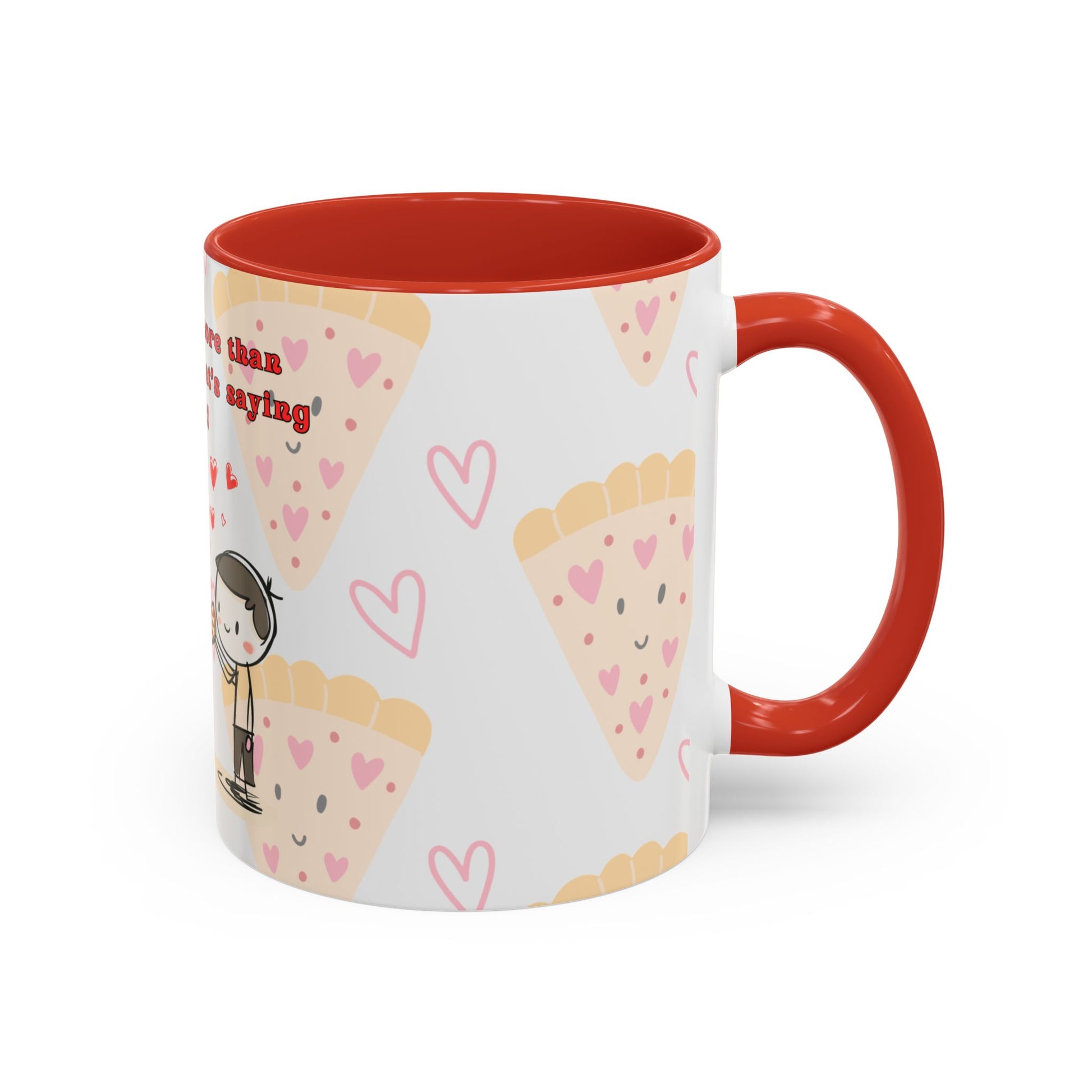 The Printify 111 & COMPANY VALENTINES PIZZA LOVE COFFEE MUG 11oz showcases a white exterior with a red interior and handle. It features vibrant illustrations of cartoon pie slices, pink hearts, and a funny character with a sign, all in a cute, whimsical theme. Its dishwasher-safe for easy cleaning.