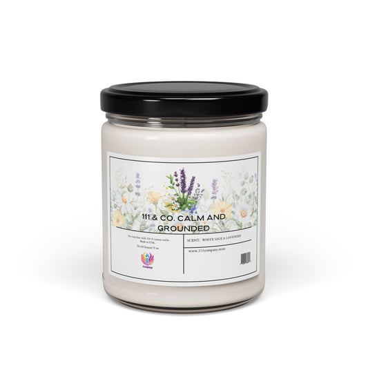 The 111 & Company Calm and Grounded 9oz soy wax candle by Printify features a calming white sage and lavender scent, ideal for relaxation and meditation. A small colorful logo adorns the white jar with a black lid, enhancing its floral design.