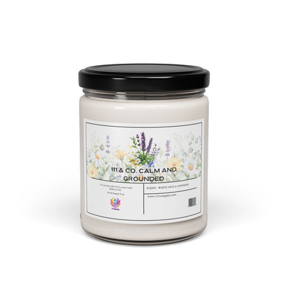 The 111 & Company Calm and Grounded candle by Printify features a black-lidded glass jar with floral illustrations and a geometric flower logo. It offers a soothing lavender and white sage scent, made from 100% natural soy wax, perfect for relaxation and meditation.