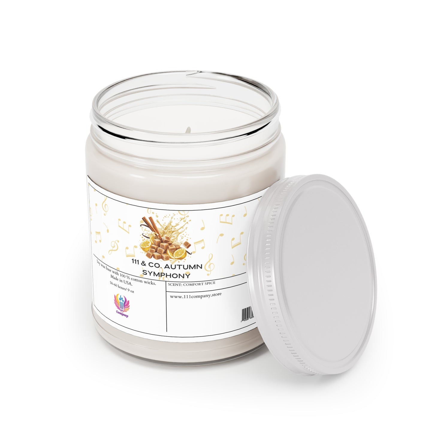 The 111 & Company Autumn Symphony Comfort Spice candle by Printify creates a cozy ambiance. With soy wax, autumn-themed label featuring leaves, notes, and a pumpkin, plus a colorful logo at the base, it promises an inviting fragrance and comes with a side silver lid.