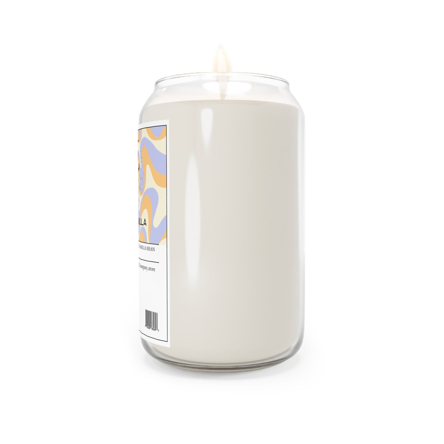 The Printify 111 & Company Vanilla Vibes candle, with a vanilla bean scent, is housed in a clear glass jar shaped like a soda can, featuring a white label with colorful wavy blue, orange, and yellow patterns. It rests against a plain white background.