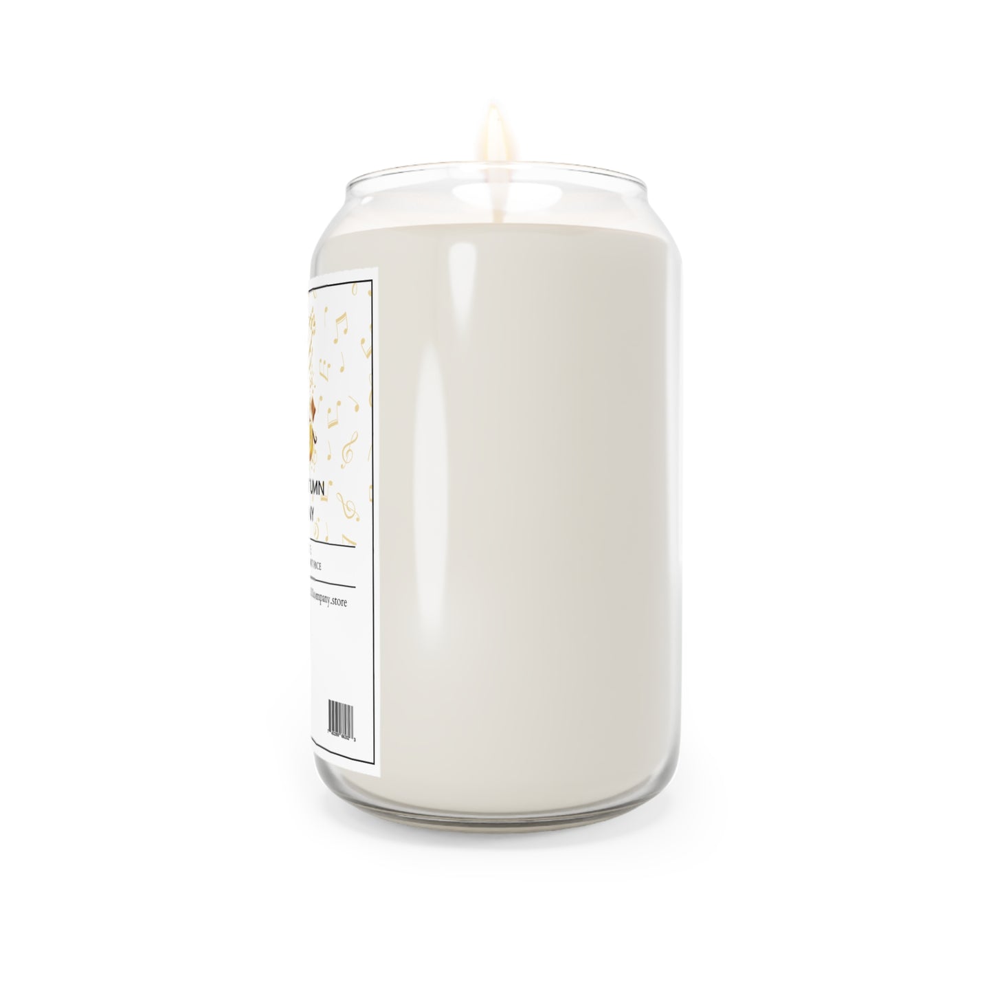 The Printify 111 & Company Autumn Symphony candle features a soy wax, 13.75 oz white candle in a soda can-shaped glass jar with golden swirl labeling and text space. Its lit flame on a plain white background offers an eco-friendly, cozy ambiance with its elegant design.