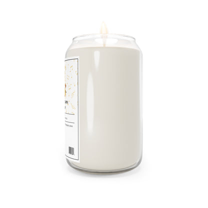 The Printify 111 & Company Autumn Symphony candle features a soy wax, 13.75 oz white candle in a soda can-shaped glass jar with golden swirl labeling and text space. Its lit flame on a plain white background offers an eco-friendly, cozy ambiance with its elegant design.