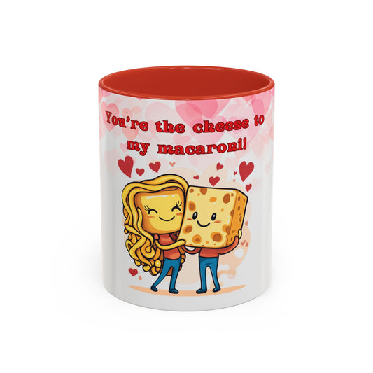 The Printify 111 & Company Valentines Cheese & Macaroni Coffee Mug (11 oz) is quirky with its vibrant design of a hugging cheese slice and macaroni. Featuring the text Youre the cheese to my macaroni!! with heart motifs and a red interior, it enhances the affectionate theme.