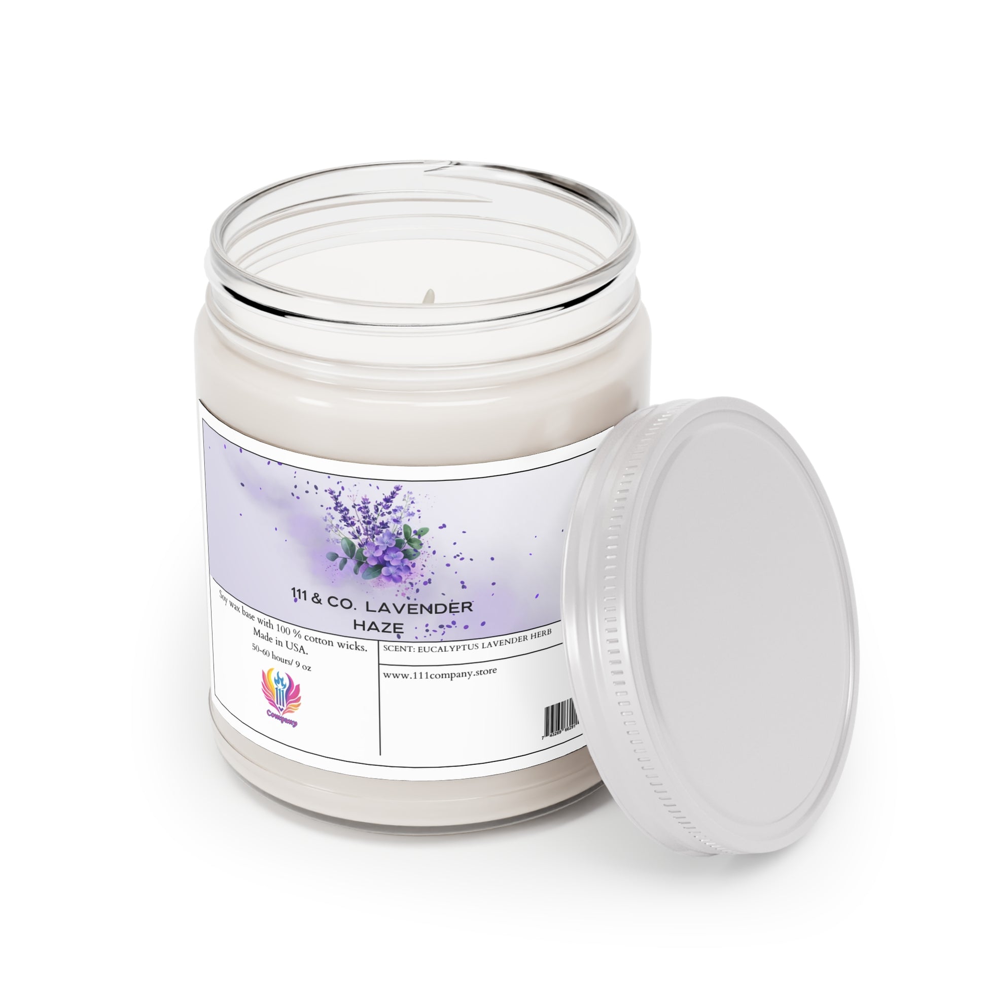 A white soy wax candle from Printify in a clear glass jar with a silver lid rests nearby. The 111 & Co. Lavender Haze label features lavender and eucalyptus images, boasting over 50 hours of soothing burn time.