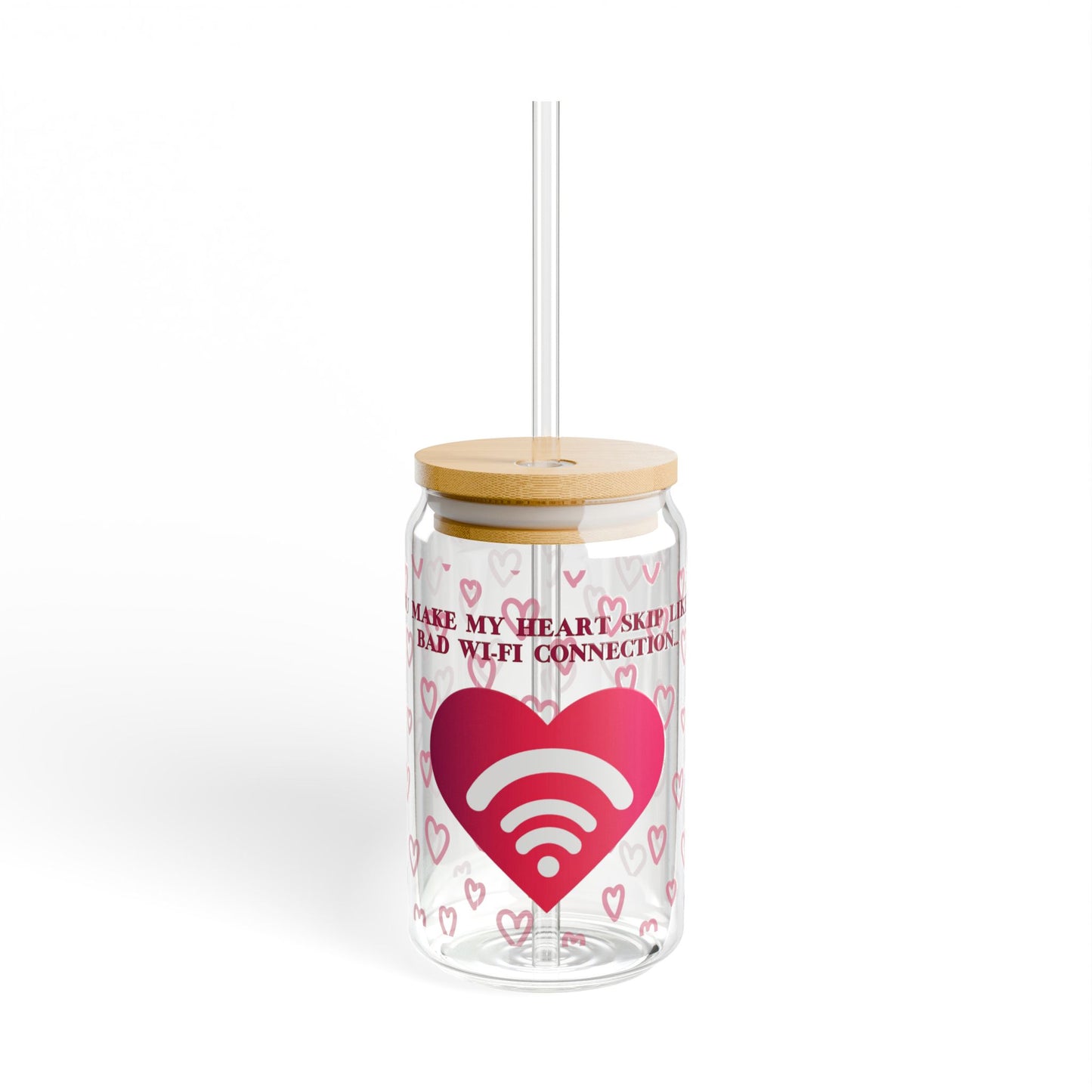 The 111 & COMPANY VALENTINES WIFI SIPPER GLASS by Printify features a bamboo lid, clear straw, vibrant colors around a heart with a WiFi symbol, pink hearts, and the playful text “You make my heart skip like bad WiFi connection,” perfect for tech enthusiasts seeking unique drinkware.