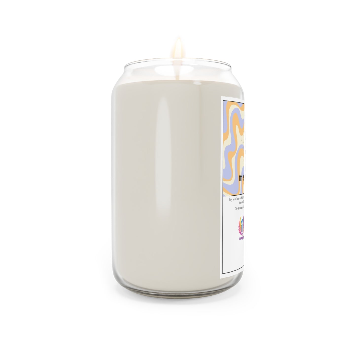 The Printify 111 & COMPANY Vanilla Vibes Candle is a minimalist white soy wax candle in a can-like clear glass, scented with vanilla bean. It features abstract yellow and blue wavy patterns on the label with text and a small circular logo at the bottom.