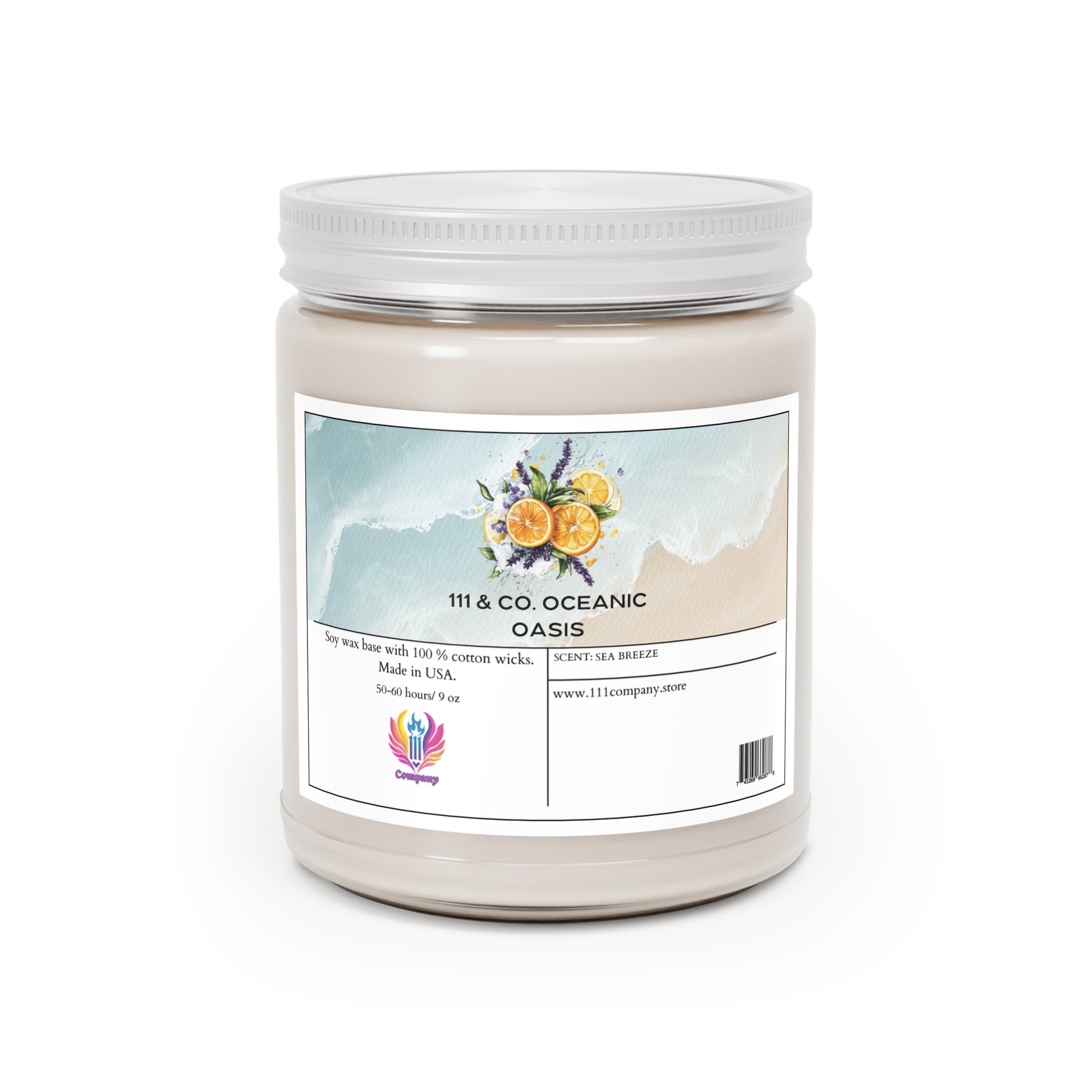 The 111 & Company Oceanic Oasis Sea Breeze candle by Printify features an ocean wave design and citrus fruits with lavender illustrations on a glass jar with a white lid. It boasts a soy wax blend, 100% cotton wicks, and is made in the USA. More details at www.111company.store.