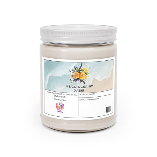 The 111 & Company Oceanic Oasis Sea Breeze candle by Printify features an ocean wave design and citrus fruits with lavender illustrations on a glass jar with a white lid. It boasts a soy wax blend, 100% cotton wicks, and is made in the USA. More details at www.111company.store.