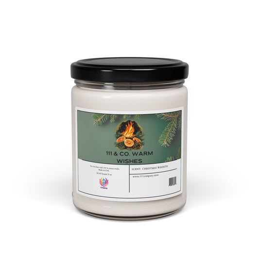 The Printify 111 & Company candle features a white soy wax in a glass jar with a black lid, exuding an eco-friendly holiday scent. The label displays pine branches, a lit candle, orange slices, and reads Warm Wishes with Scent: Christmas Warmth. A website URL is included at the bottom.