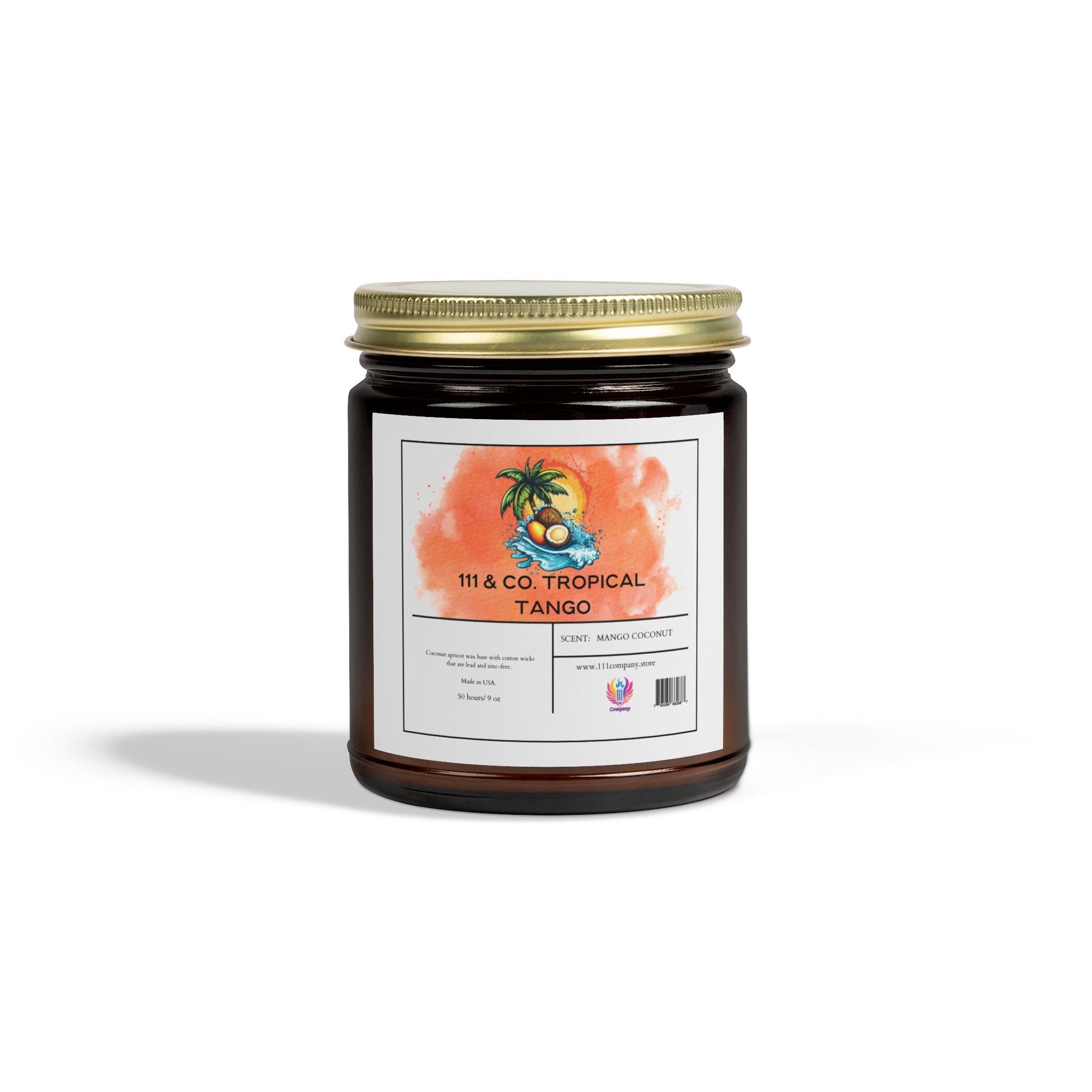 The 111 & Company Tropical Tango candle in a dark amber jar with a gold lid features eco-friendly label art of coconuts and palm trees. The tropical mango coconut fragrance symbolizes the brand Printify, and website along with social media icons are at the bottom.