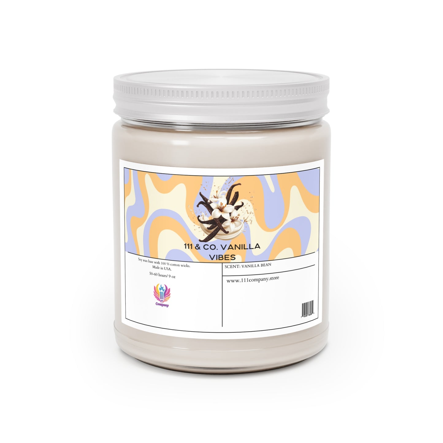 The Printify 111 & COMPANY Vanilla Vibes candle, made from a soy wax blend, features abstract orange and blue waves and a vanilla bean image on its label. It has a shiny silver lid, and the bottom displays a colorful logo. The scent is vanilla bean.