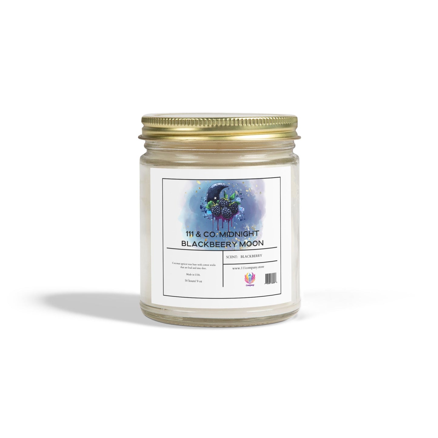 Printifys 111 & Company Midnight Blackberry Moon candle, in a 9oz clear jar with gold lid, features blue and purple floral artwork. Crafted from coconut apricot wax, it offers notes of blackberry and midnight cypress and rests on a white background with a soft shadow.