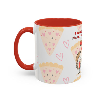 The Printify 111 & COMPANY Valentines Pizza Love Coffee Mug 11oz features a red handle and interior, showcasing smiling pizza slices and pink hearts. A person with long hair holds a heart, saying, I love you more than pizza...and thats saying a lot. Its dishwasher-safe for easy cleaning.