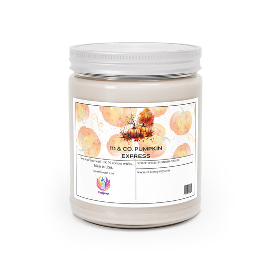 The 111 & COMPANY PUMPKIN EXPRESS candle by Printify, featuring autumn pumpkin watercolor illustrations, offers a spiced pumpkin and ginger scent. Made in the USA, this 9 oz soy wax jar candle burns for 50-60 hours.