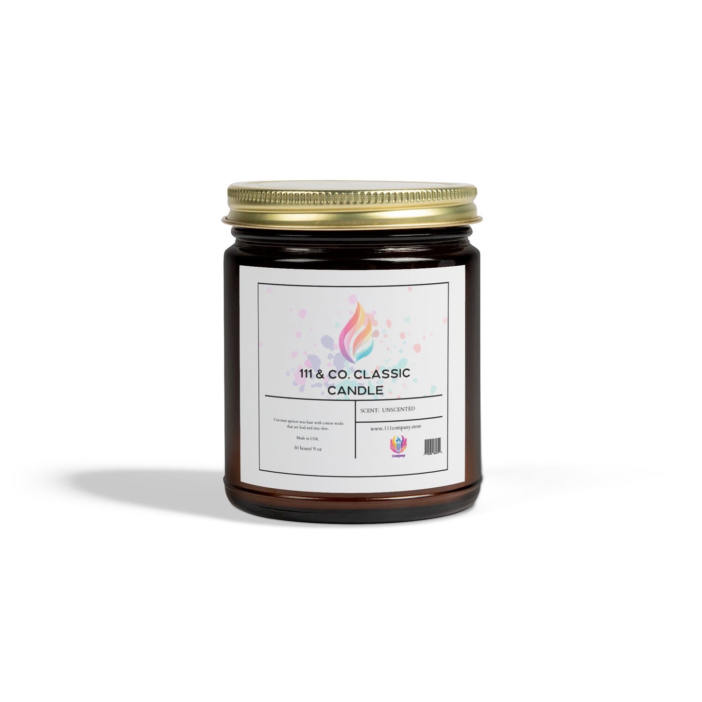 An amber jar candle labeled 111 & Company Classic Unscented Candle by Printify features a colorful flame design with a gold lid. The eco-friendly coconut apricot wax details are highlighted, and the jar is centered on a plain white background.