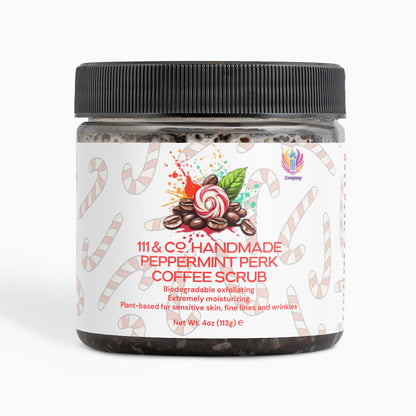 A jar of 111 & Companys Handmade Peppermint Perk Coffee Scrub features a sleek black lid and a label showcasing peppermint and coffee bean illustrations with candy cane patterns. Its antioxidant-rich, biodegradable, moisturizing, plant-based, and suitable for sensitive skin.