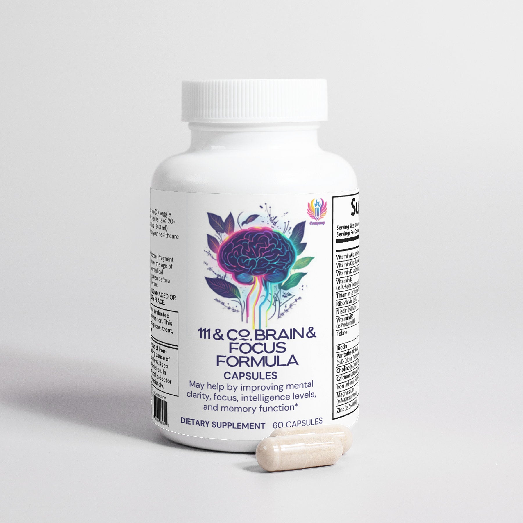 A white bottle labeled 111 & COMPANY BRAIN & FOCUS FORMULA stands upright, featuring a colorful geometric brain design. Two beige capsules lie beside it, aiming to improve focus and boost neuroactivity for enhanced mental clarity and memory function. Brand: 111 & Company.