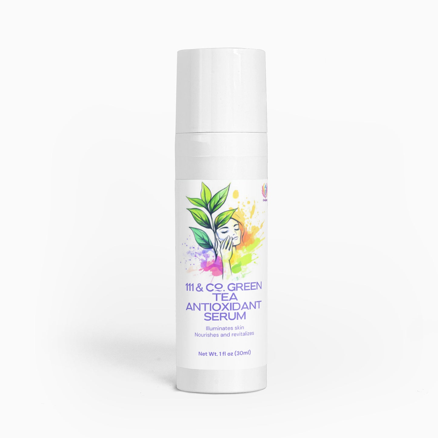 The 111 & Company Green Tea Antioxidant Serum comes in a white cylindrical bottle with an 11 fl oz (300 ml) capacity. Its colorful label, adorned with a watercolor splash and stylized face entwined with Camellia Sinensis Leaf Extract, emphasizes nourishment and revitalization.