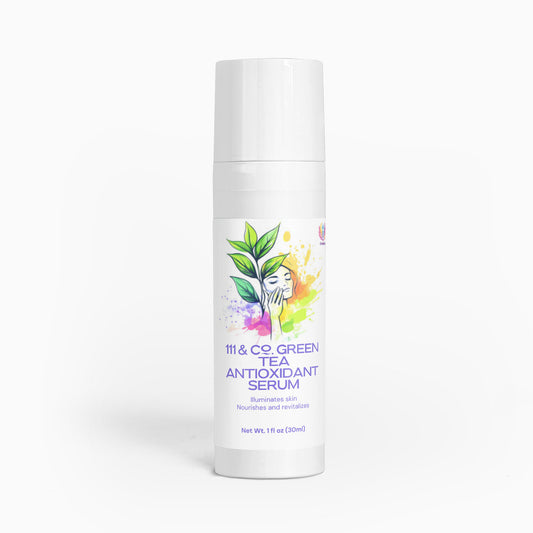 A white, cylindrical bottle of Retro Fitness Supplements 111 & Company Green Tea Antioxidant Serum features a vibrant design with green tea leaves and watercolor splashes. Infused with Camellia Sinensis Leaf Extract, it provides antioxidant protection for radiant skin in a 1 fl oz (30 ml) size.