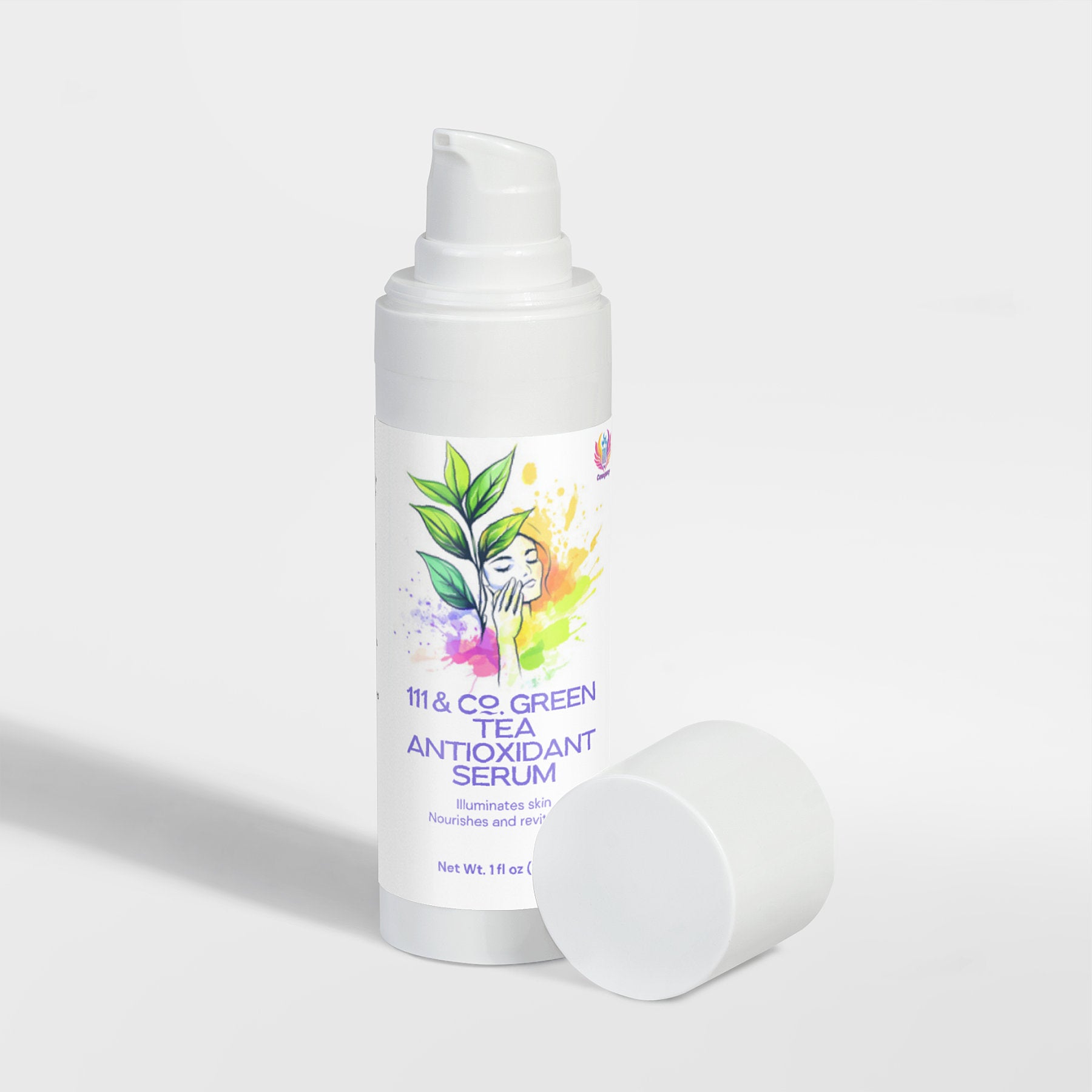 The 111 & COMPANY GREEN TEA ANTIOXIDANT SERUM by 111 & Company features a white bottle with a pump dispenser and detached cap. Its label showcases a watercolor of a womans face and Camellia Sinensis Leaf Extract against a plain white background, emphasizing its rejuvenating effects.