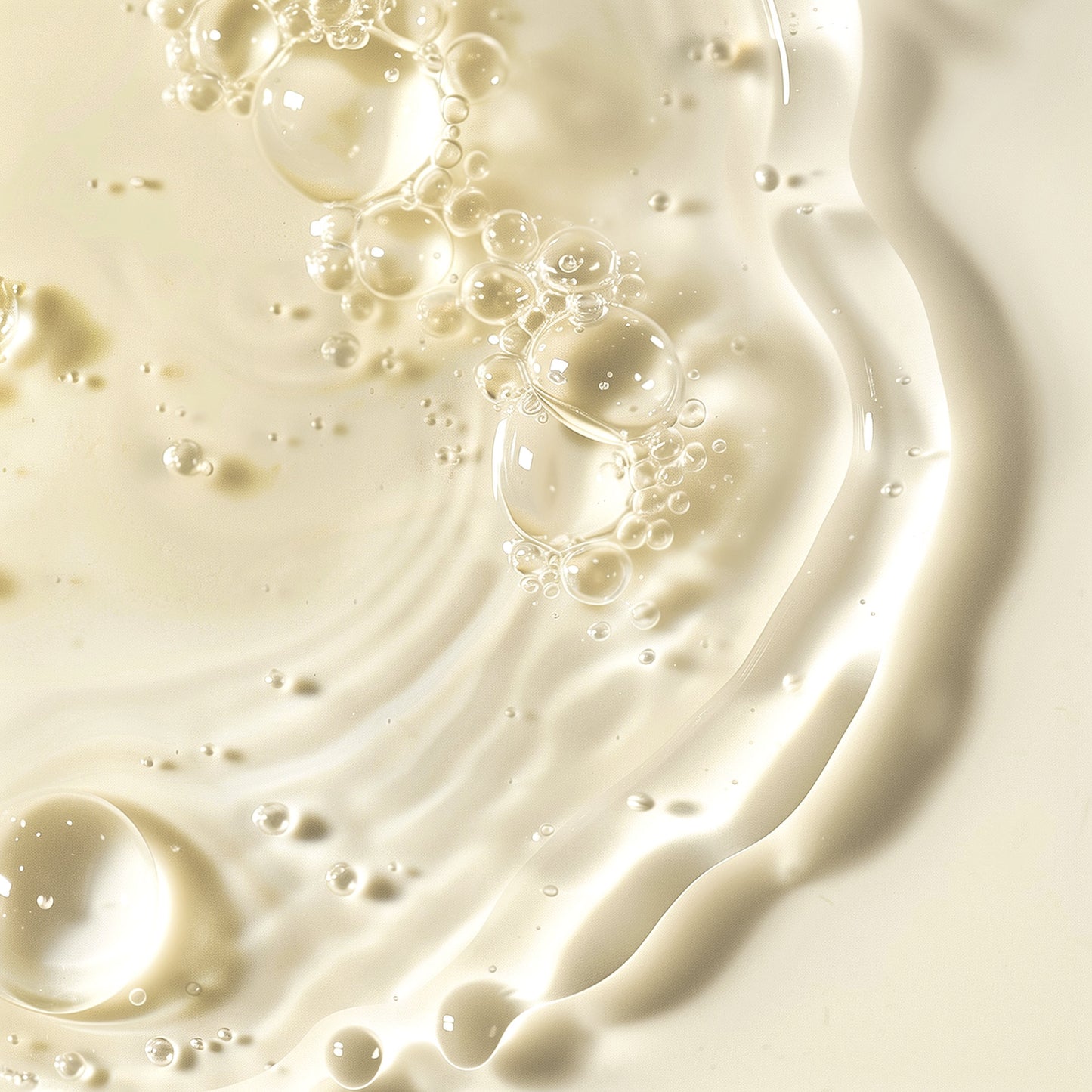 A close-up of translucent oil bubbles on a smooth surface highlights the essence of Camellia Sinensis Leaf Extract in the 111 & COMPANY GREEN TEA ANTIOXIDANT SERUM. Varying bubble sizes reflect light, while the liquid flows fluidly around them, embodying delicacy and texture.