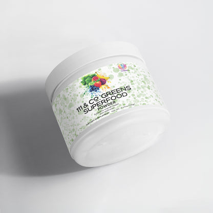 A white cylindrical container, slightly tilted, features the label 111 & COMPANY GREENS SUPERFOOD. It displays a vivid illustration of fruits and veggies like berries and greens on a light green speckled background. This greens powder from Retro Fitness Supplements offers plant-based nutrients for optimal health.