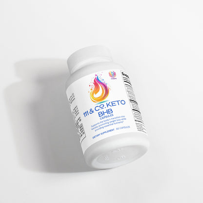 A bottle titled 111 & COMPANY KETO BHB by Retro Fitness Supplements, with a flame logo, holds 60 capsules of BHB salts. Positioned on a light surface with visible text and barcode, the tilted white bottle casts a shadow.